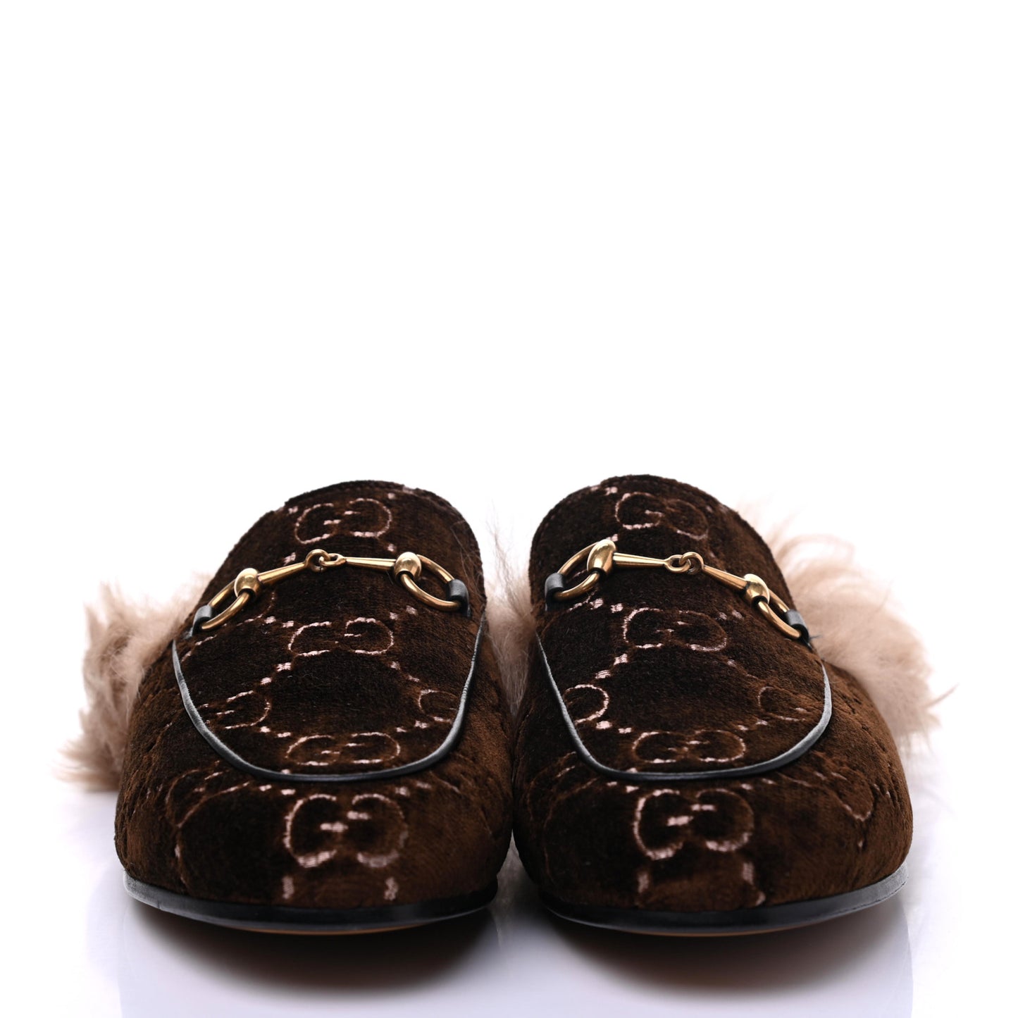 Velvet GG Monogram Fur Womens Princetown Slippers 38.5 Brown Black Natural