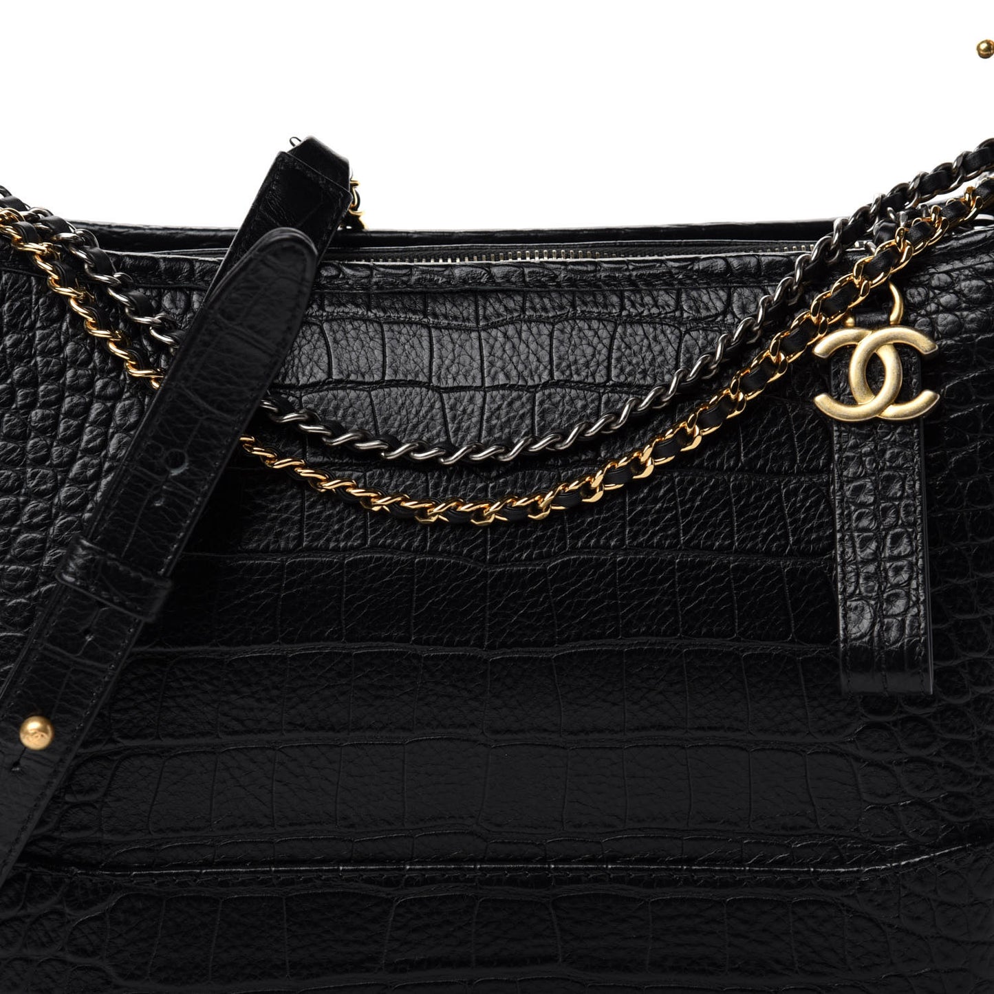 Crocodile Embossed Calfskin Medium Gabrielle Cocodile Hobo Black
