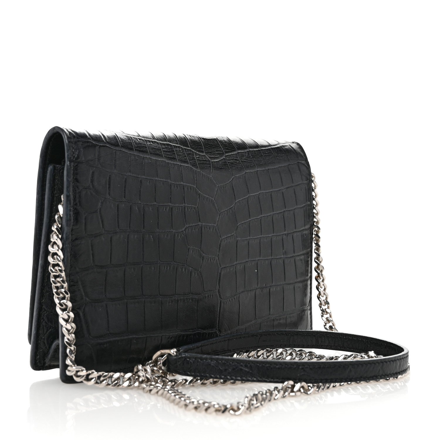 Saint Laurent Calfskin Crocodile Embossed Kate Monogram Tassel Chain Wallet Black 3 of 10