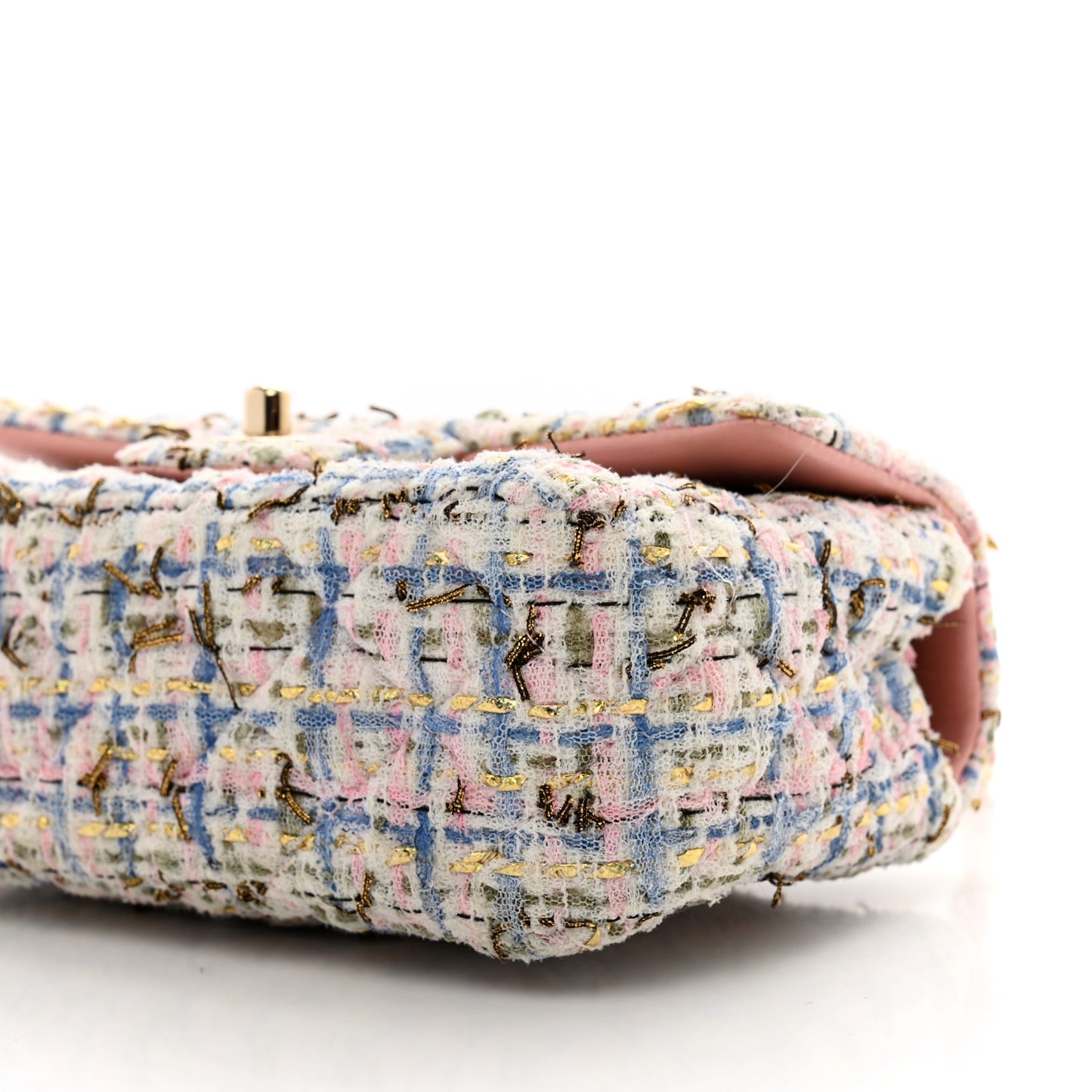 Tweed Quilted Mini Rectangular Flap Light Blue Pink Gold White