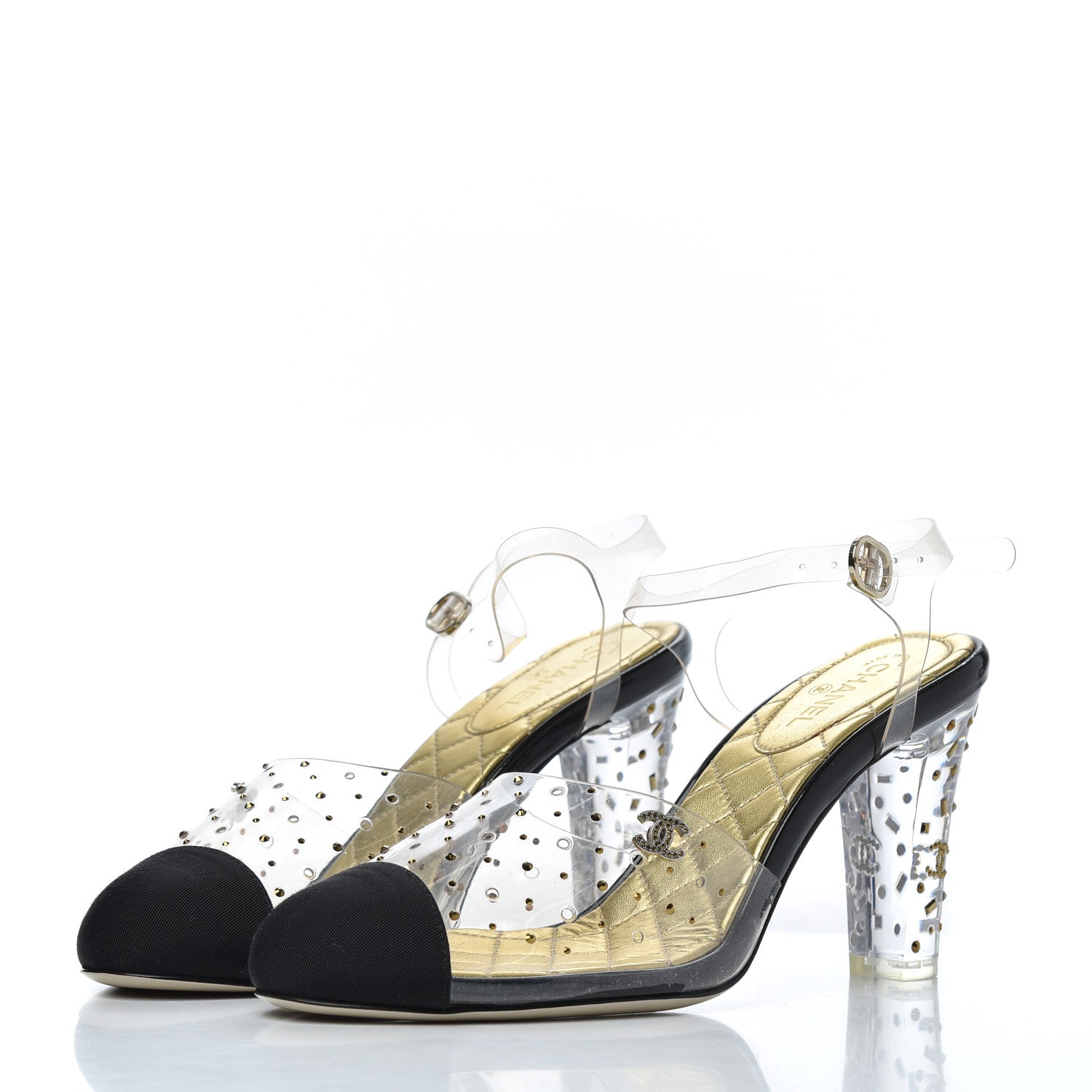 Chanel PVC Studded Grosgrain Cap Toe Pumps 38 Transparent Black 3 of 14
