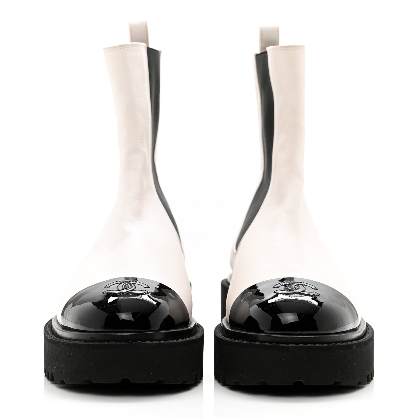 Patent Calfskin Cap Toe CC Ankle Boots 39 White Black