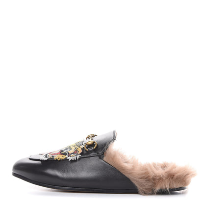 Gucci Calfskin Lambswool Tiger Embroidered Womens Princetown Slippers 37.5 Black 1 of 9