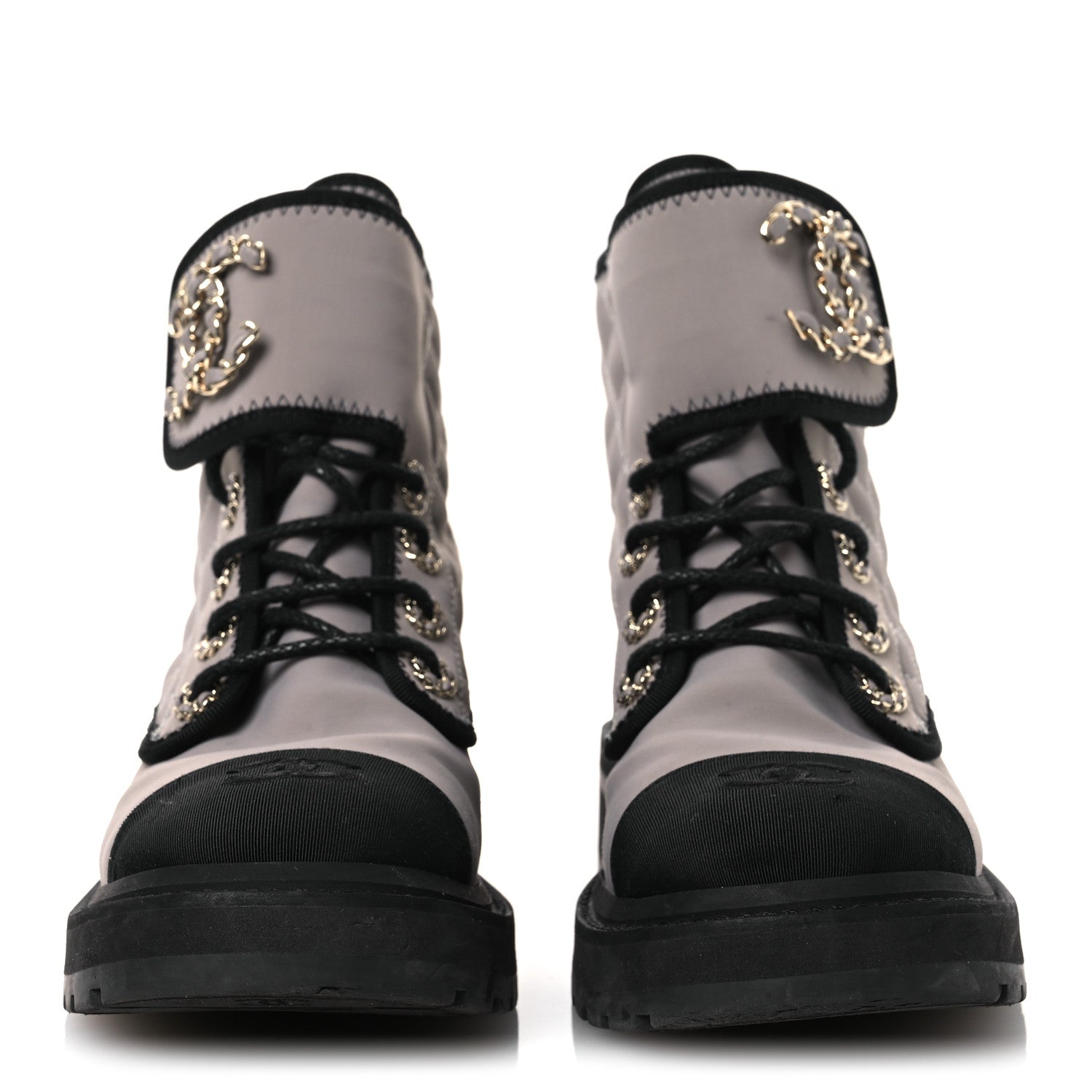 Chanel Fabric Grosgrain Quilted Cap Toe Lace Up Combat Boots 36.5 Gray 3 of 12