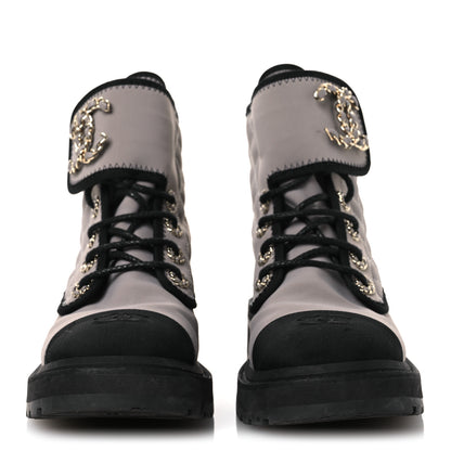 Chanel Fabric Grosgrain Quilted Cap Toe Lace Up Combat Boots 36.5 Gray 3 of 12
