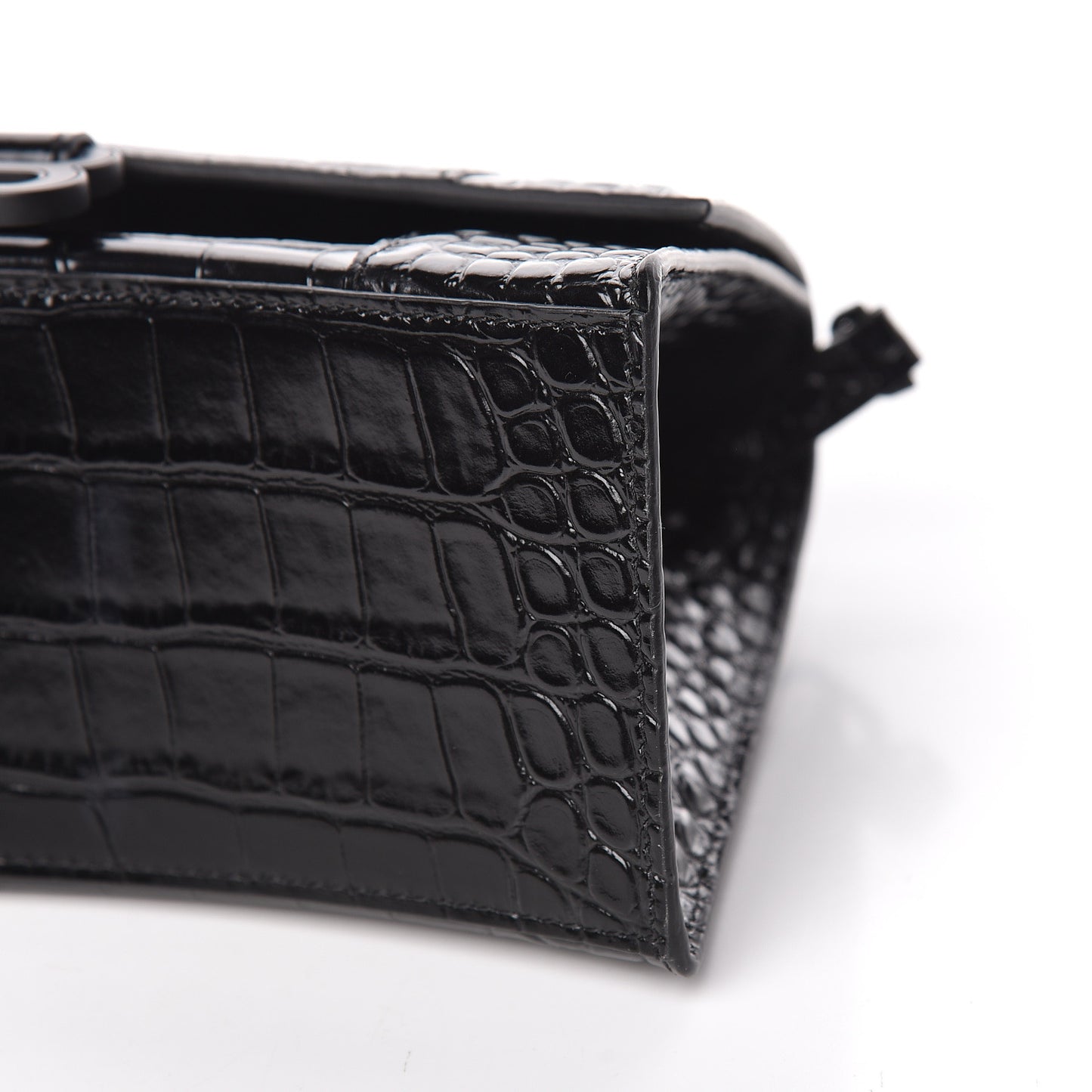 Shiny Calfskin Monochrome Crocodile Embossed Small Hourglass Top Handle Bag Black