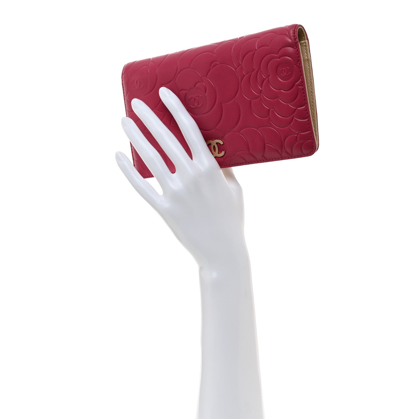Lambskin Camellia Embossed Yen Wallet Fuchsia