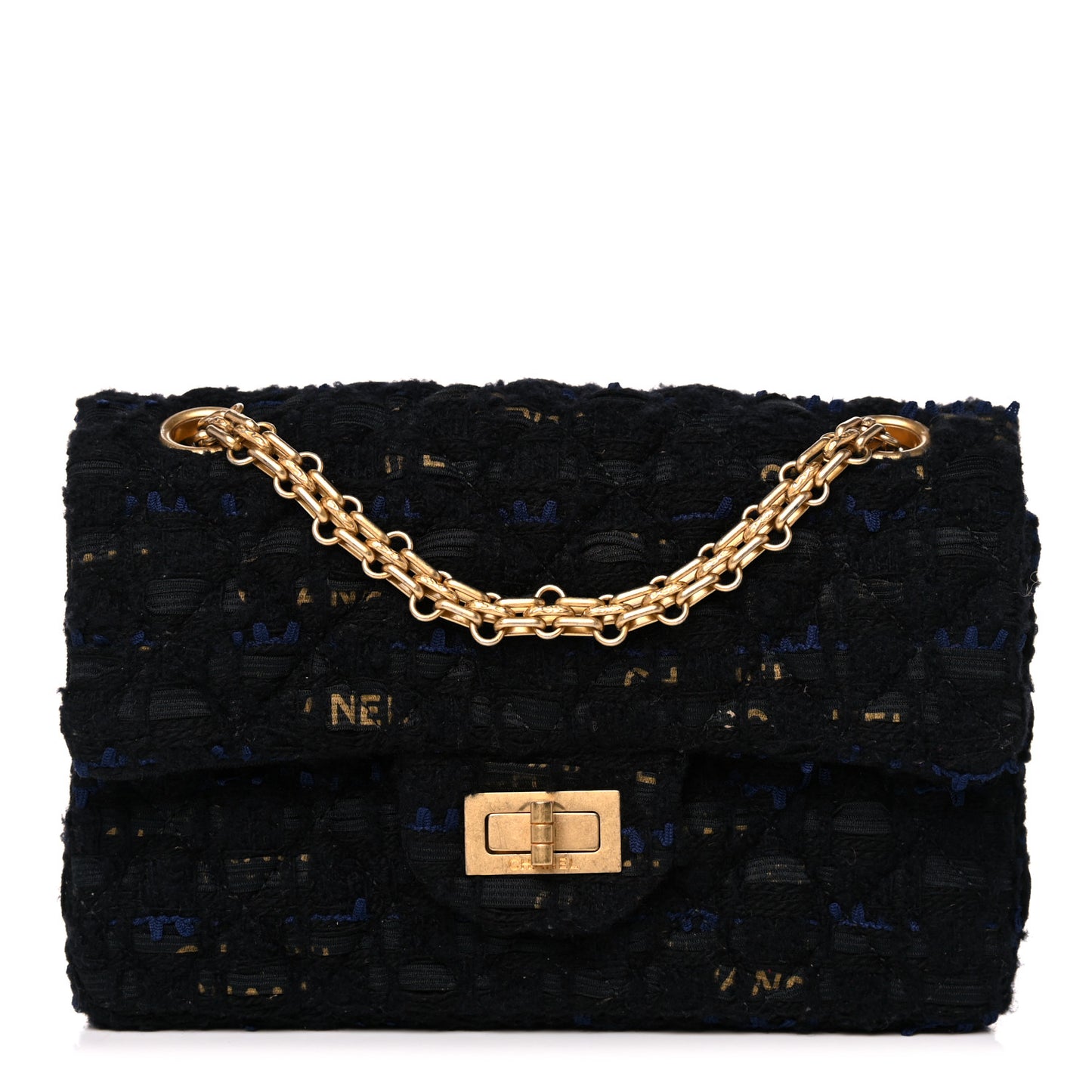 Tweed Quilted Mini 2.55 Reissue Flap Black Gold Navy