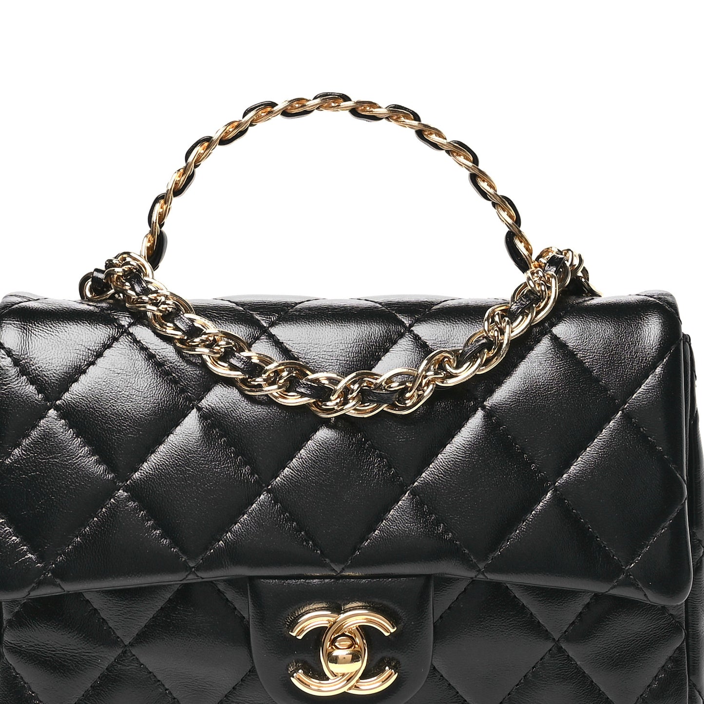 Shiny Lambskin Quilted Golden Links Top Handle Flap Black