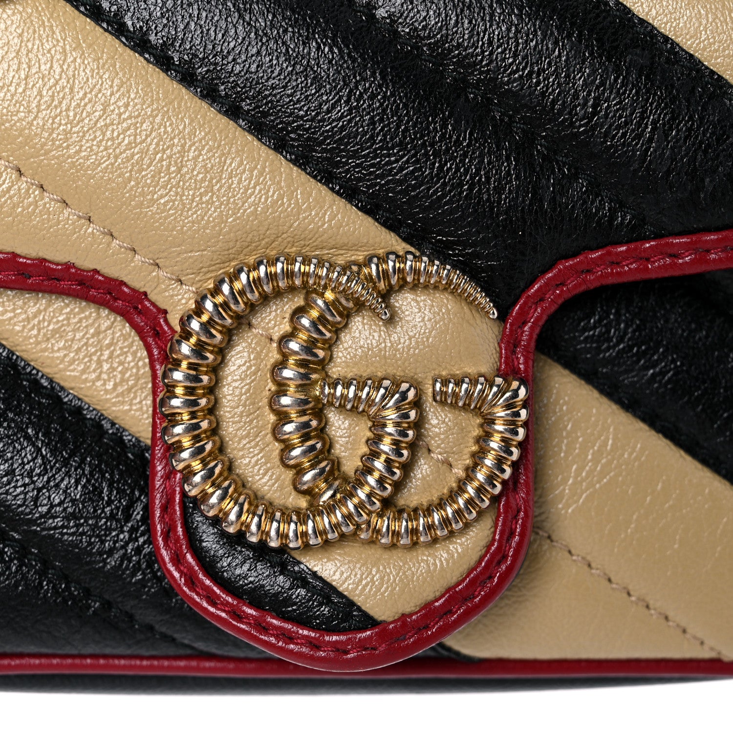 Gucci Vintage Effect Calfskin Matelasse Diagonal Striped Super Mini Torchon GG Marmont Shoulder Bag Black Beige 12 of 13