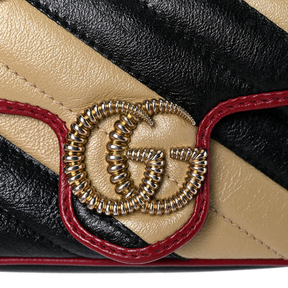 Gucci Vintage Effect Calfskin Matelasse Diagonal Striped Super Mini Torchon GG Marmont Shoulder Bag Black Beige 12 of 13