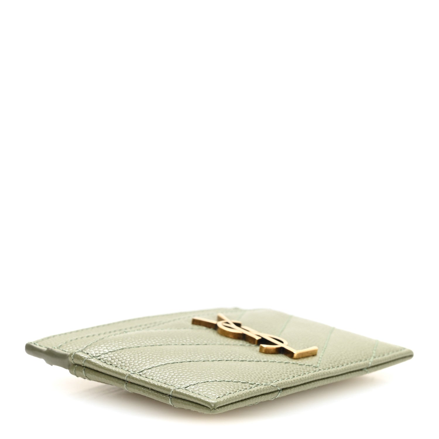 Saint Laurent Grain De Poudre Matelasse Chevron Monogram Credit Card Case Light Sage 4 of 8