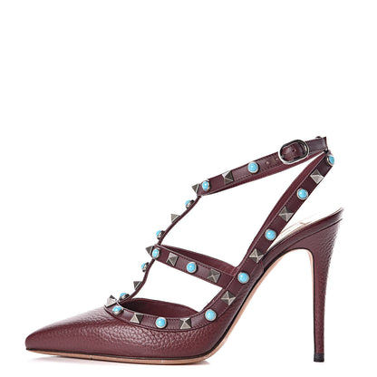 Valentino Garavani Pebbled Calfskin Turquoise Rockstud Rolling Ankle Strap 100mm Pumps 38 Rubin 1 of 12