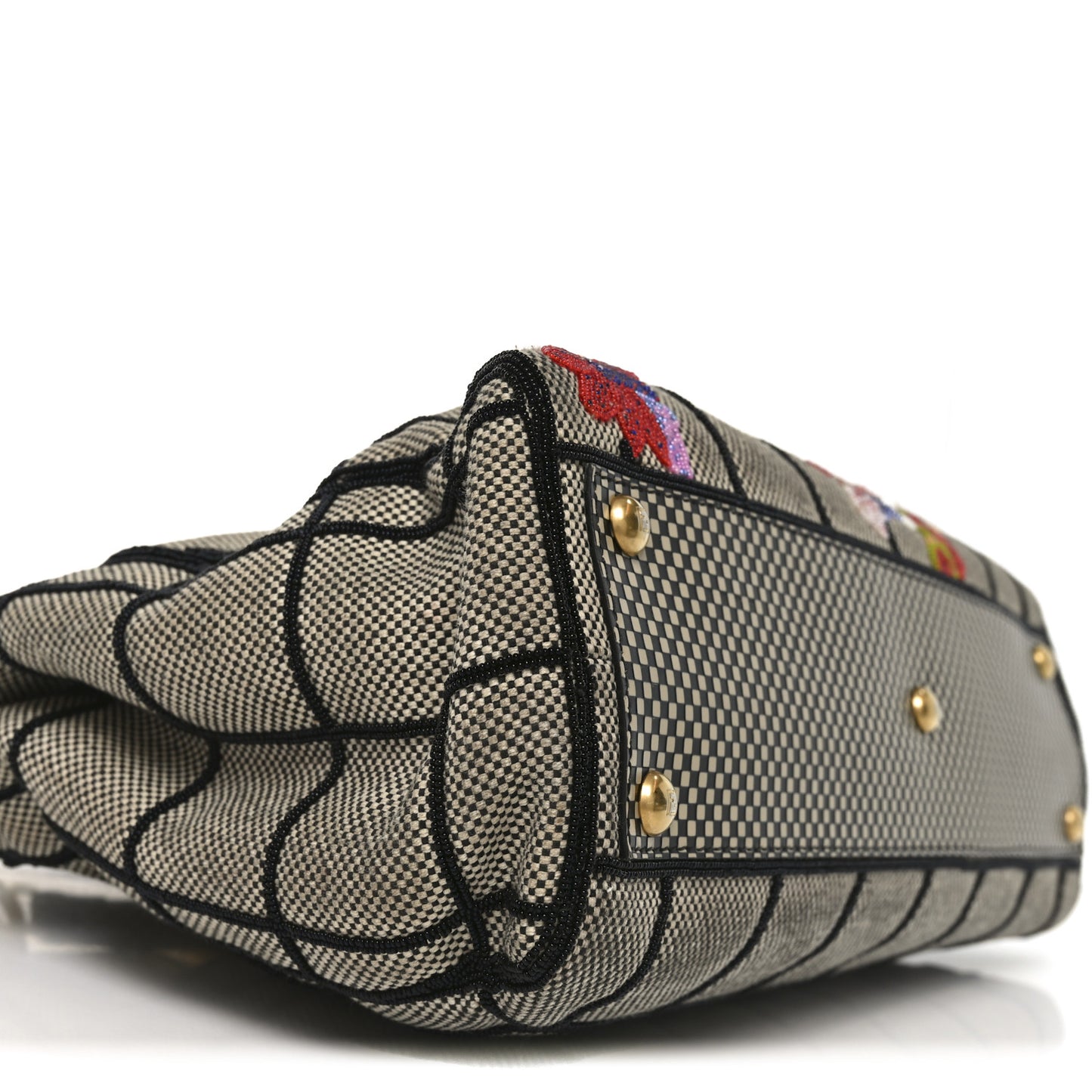 Canvas Calfskin Embroidered Medium Peekaboo Iconic Satchel Black Beige Multicolor