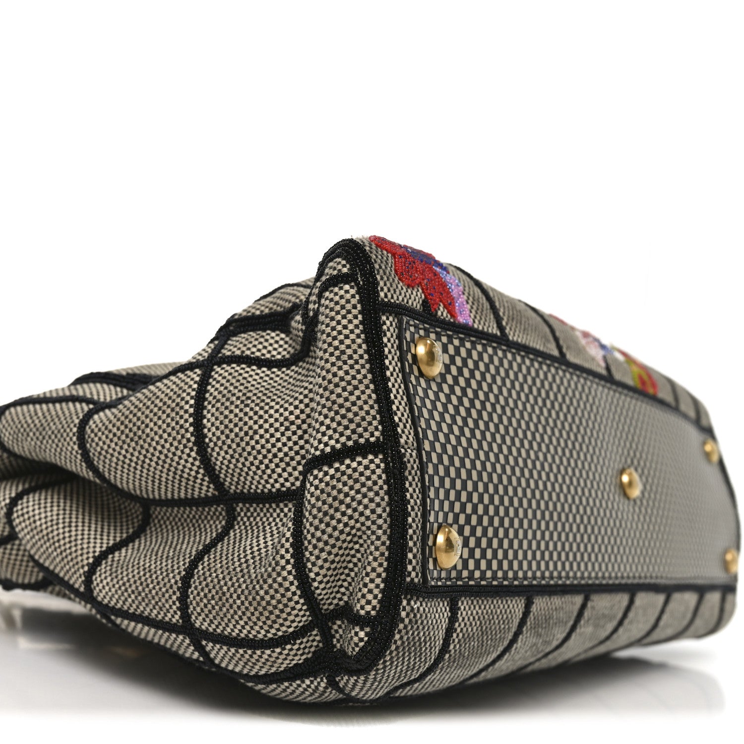Fendi Canvas Calfskin Embroidered Medium Peekaboo Iconic Satchel Black Beige Multicolor 8 of 9
