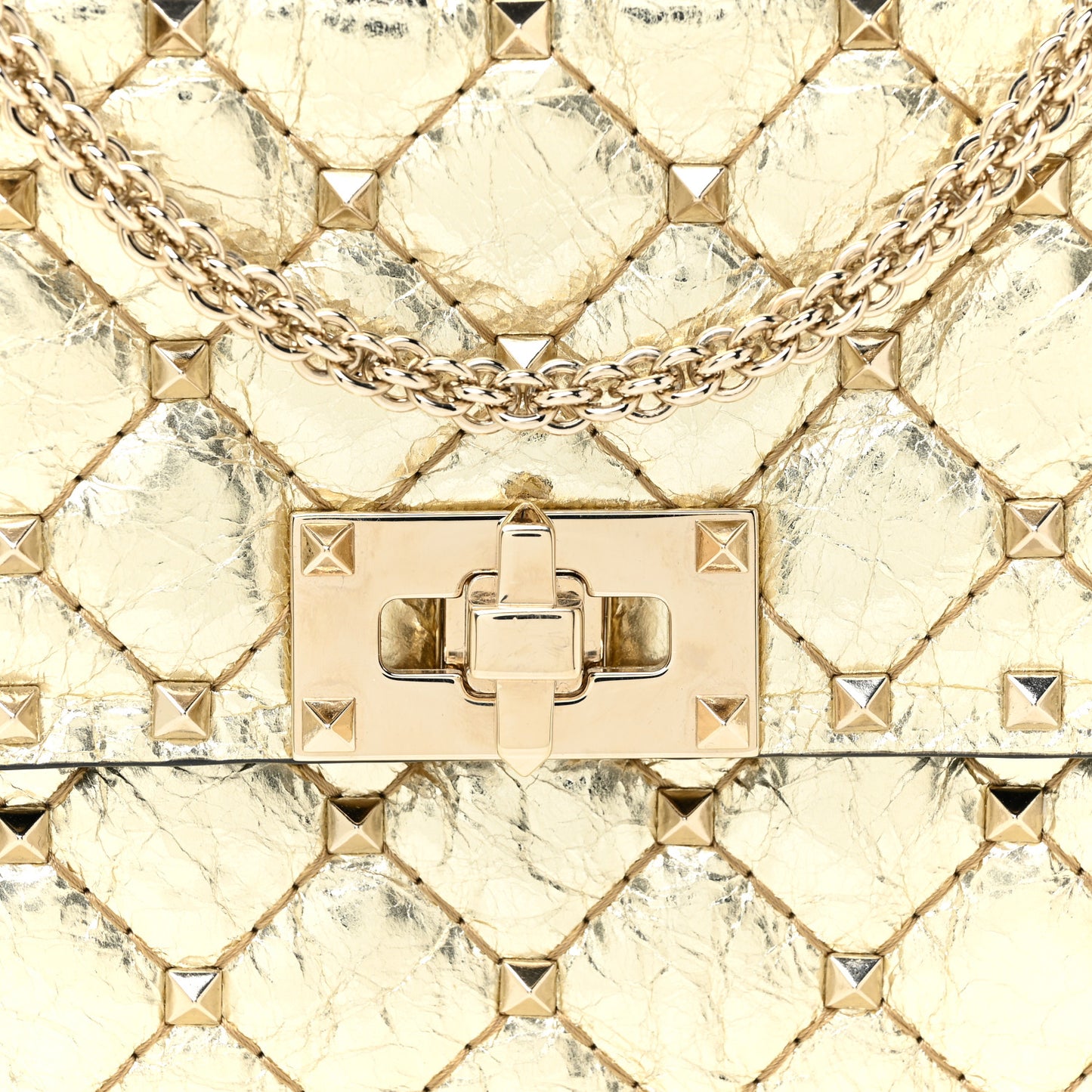 Metallic Wrinkled Lambskin Rockstud Spike Wallet on Chain Mekong