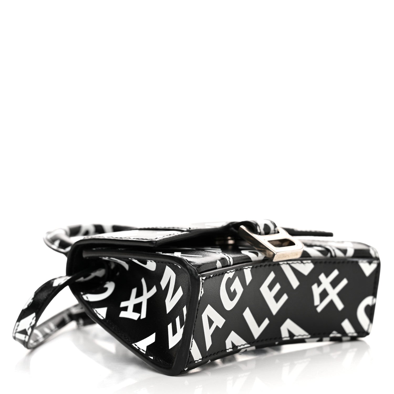 Balenciaga Smooth Calfskin Allover Logo Print Hourglass Top Handle Bag Mini Black White 4 of 11