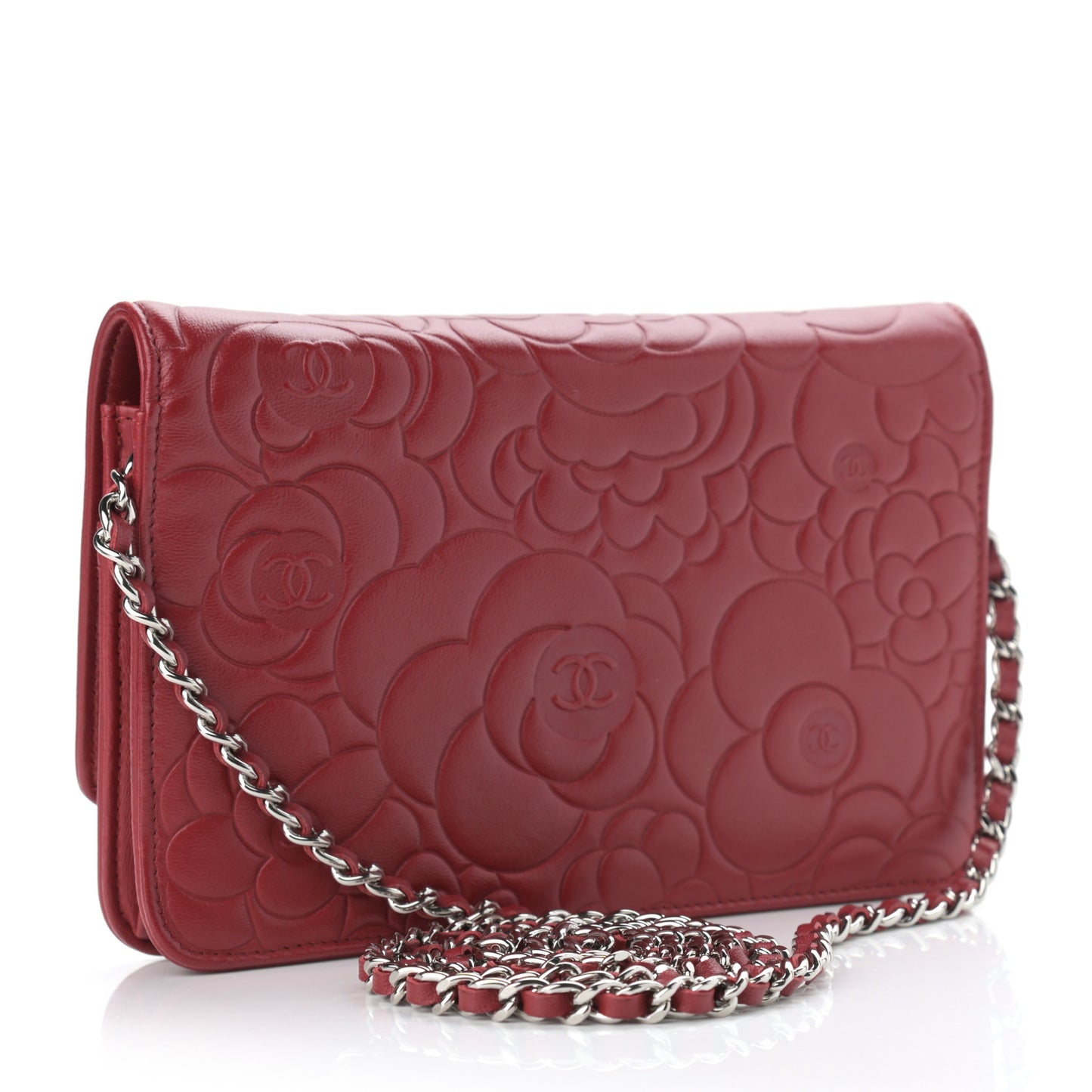 Lambskin Camellia Embossed Wallet On Chain WOC Red