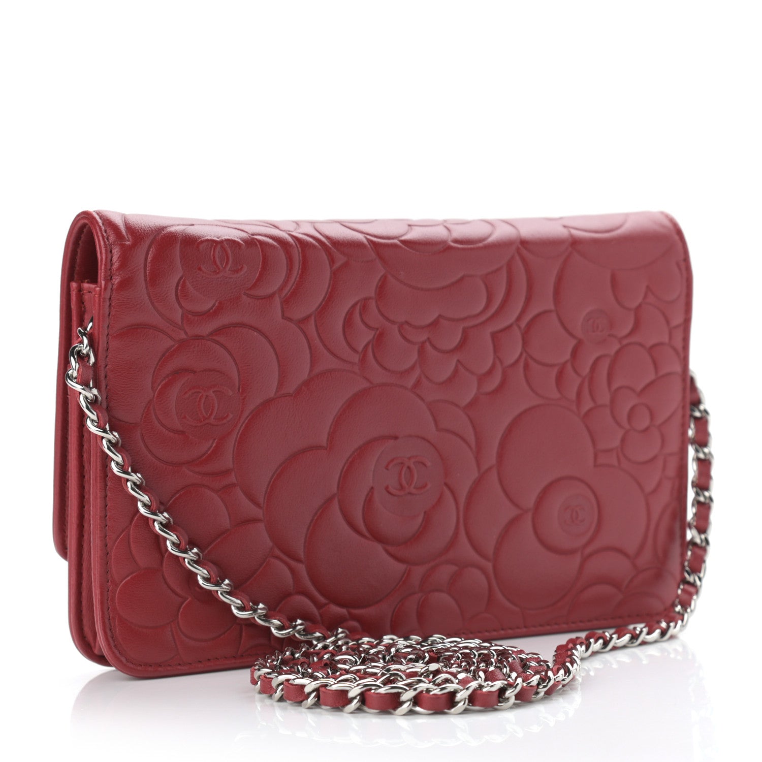 Chanel Lambskin Camellia Embossed Wallet On Chain WOC Red 3 of 12