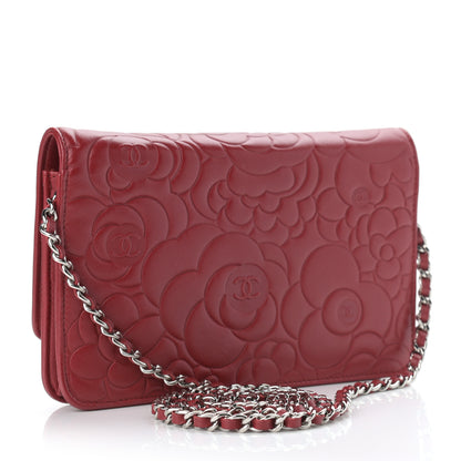 Chanel Lambskin Camellia Embossed Wallet On Chain WOC Red 3 of 12