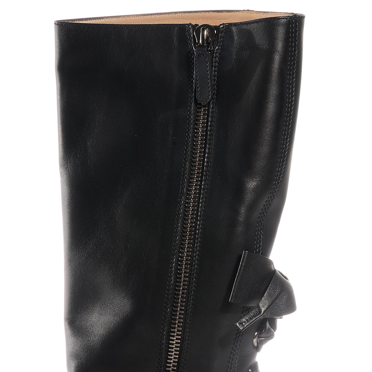 Soft Nappa Leather Ascot Ribbon Lace-Up Riding Boots 40 Black