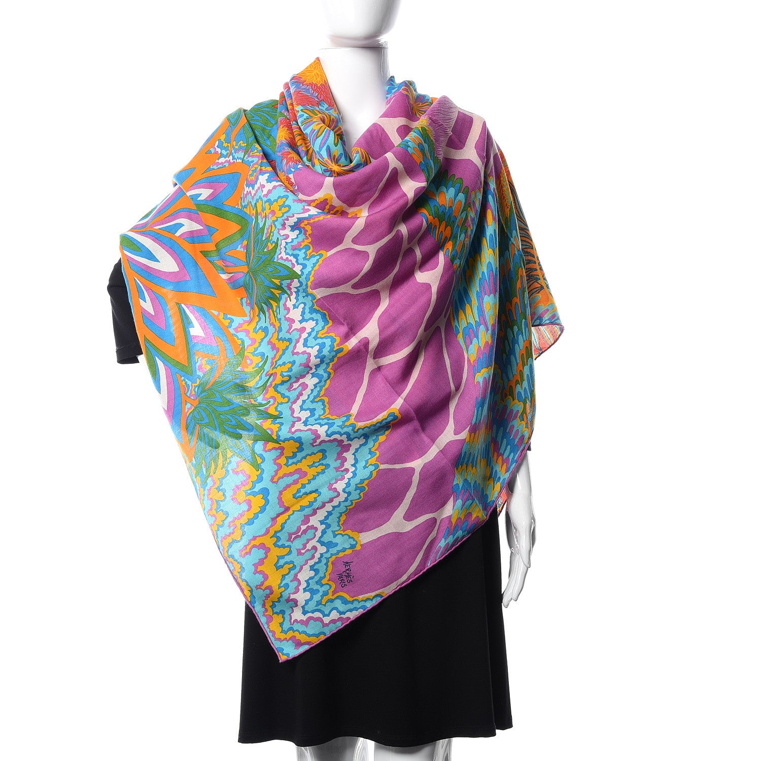 Hermes Cashmere Silk Three Graces Shawl 140 Orange Turquoise Vert 2 of 6