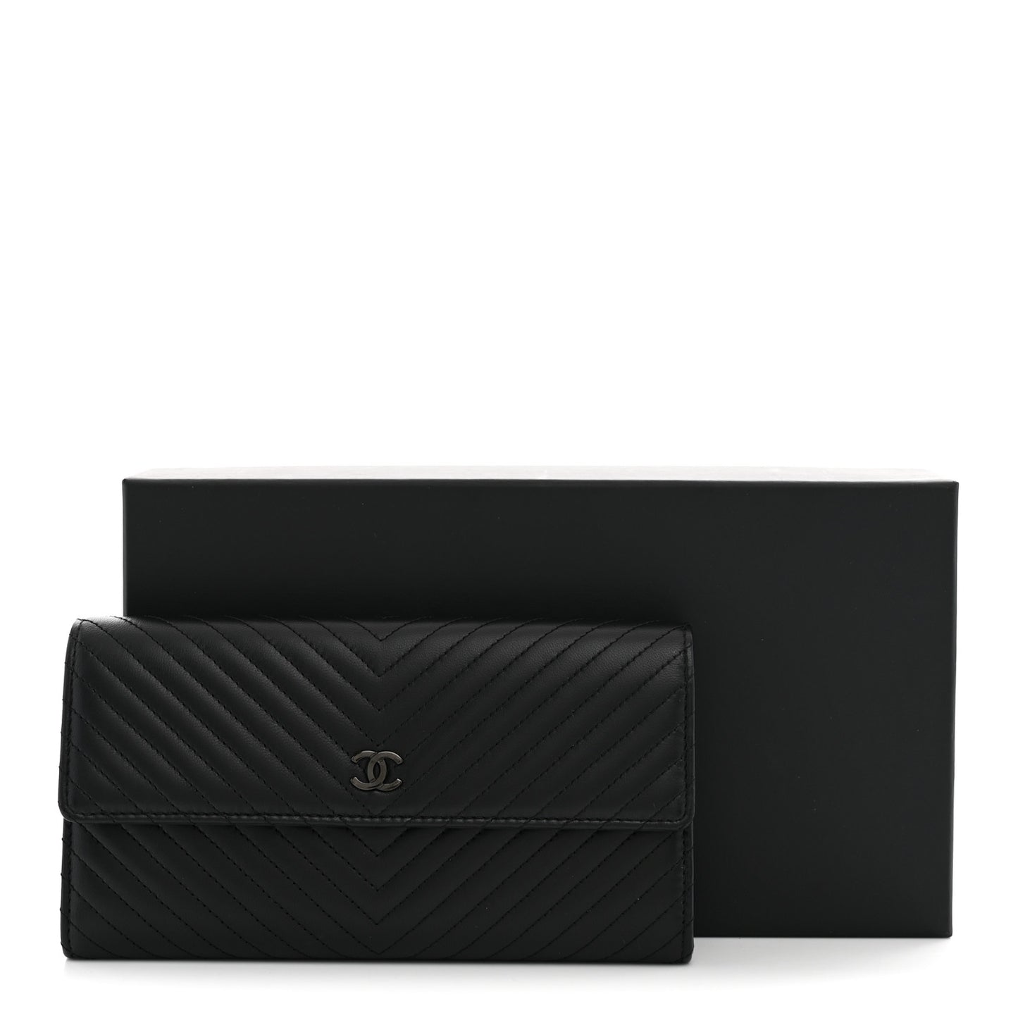 Lambskin Chevron Quilted Large Gusset Flap Wallet So Black
