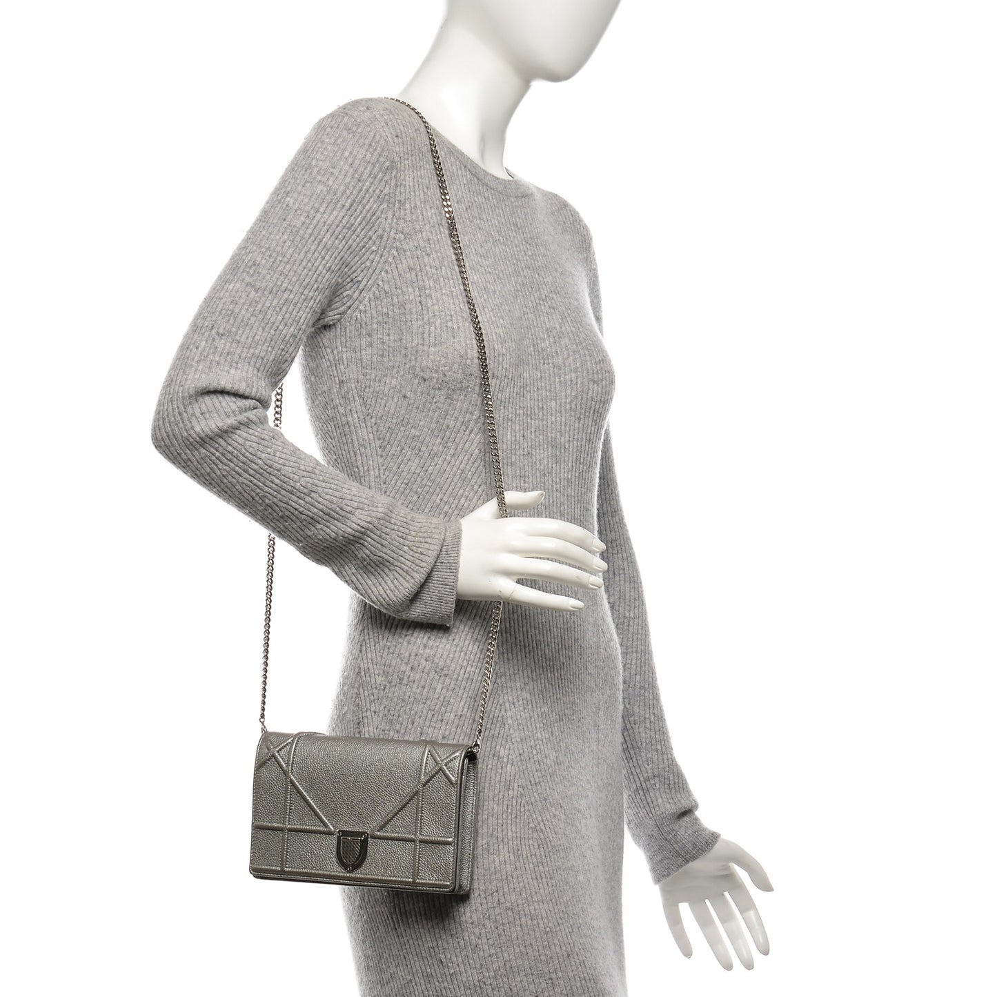 Metallic Grained Calfskin Diorama Wallet on Chain Pouch Silver