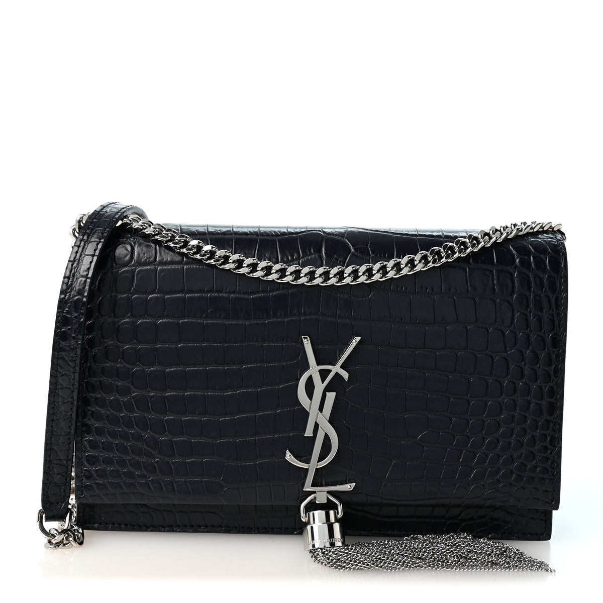Calfskin Crocodile Embossed Kate Monogram Tassel Chain Wallet Deep Marine