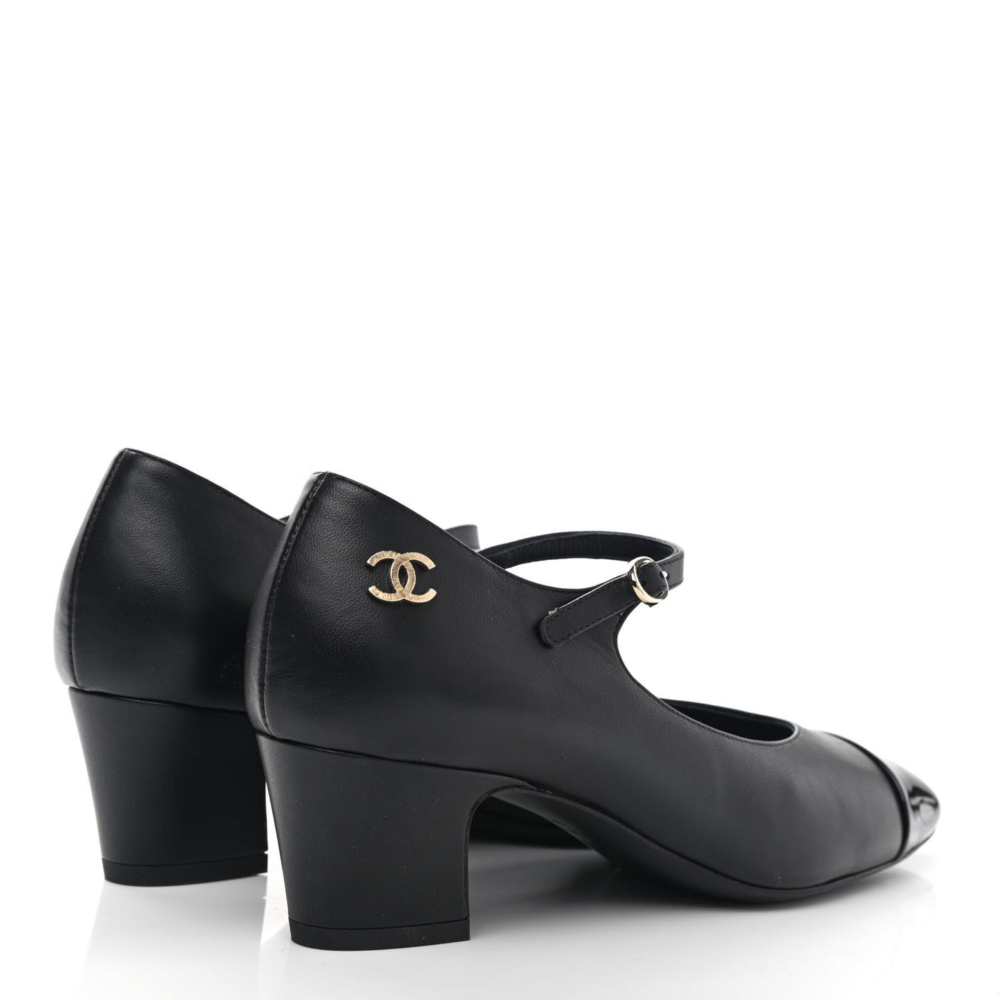 Patent Lambskin Cap Toe Mary Jane Mid Heel Strap Pumps 36 Black