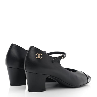 Chanel Patent Lambskin Cap Toe Mary Jane Mid Heel Strap Pumps 36 Black 8 of 20
