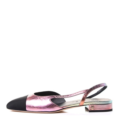 Chanel Laminated Calfskin Grosgrain Cap Toe CC Slingback Flats 39 Multicolor Black 1 of 9