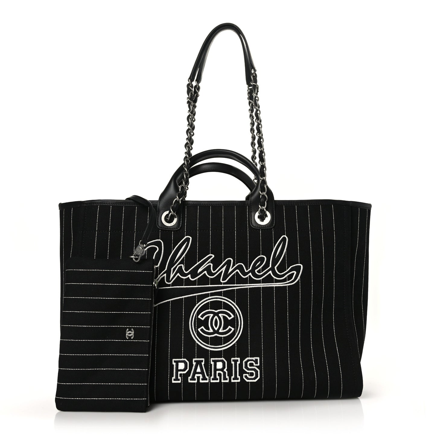 Canvas Calfskin Striped Large Deauville Tote Black White