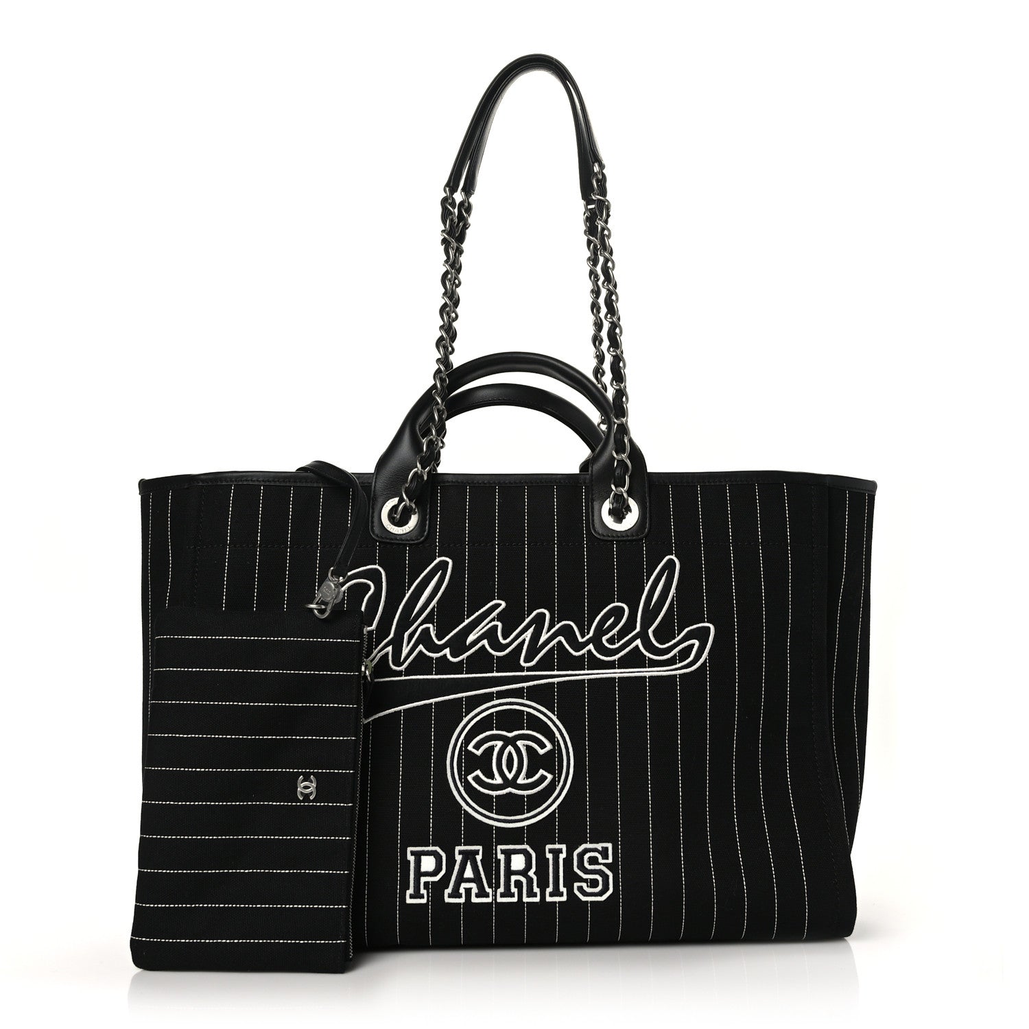 Chanel Canvas Calfskin Striped Large Deauville Tote Black White 3 of 10