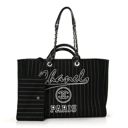 Chanel Canvas Calfskin Striped Large Deauville Tote Black White 3 of 10