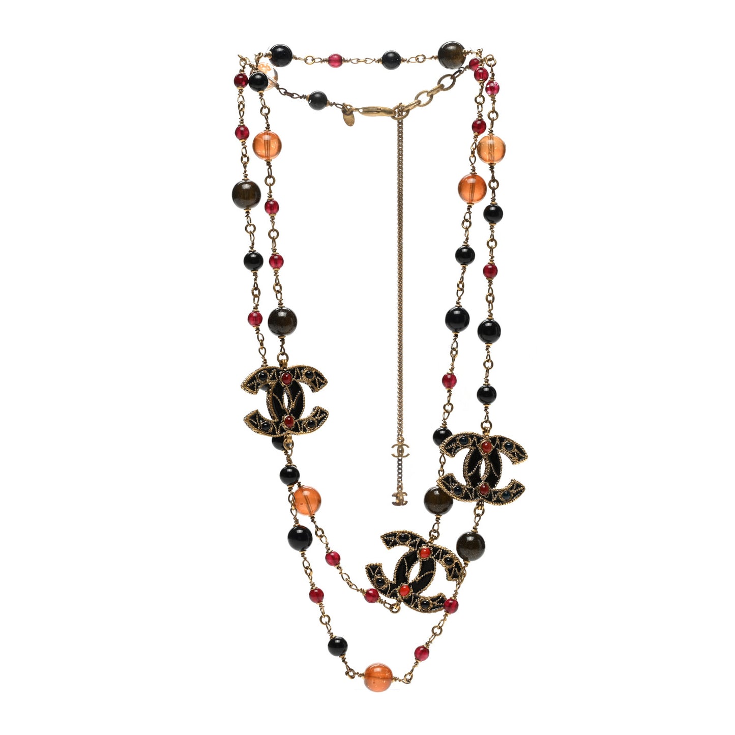 Gripoix Poured Glass CC Long Necklace Gold Multicolor