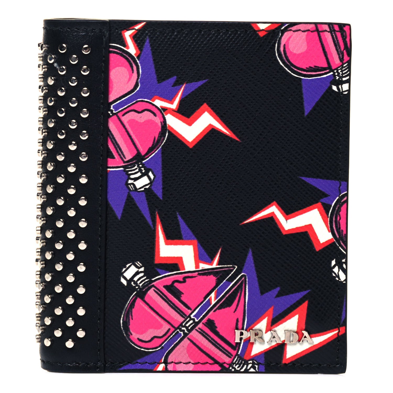 Prada X UNIVERSAL STUDIOS Saffiano Frankenstein Heart Studded Bi-Fold Wallet Fuxia 1 of 7