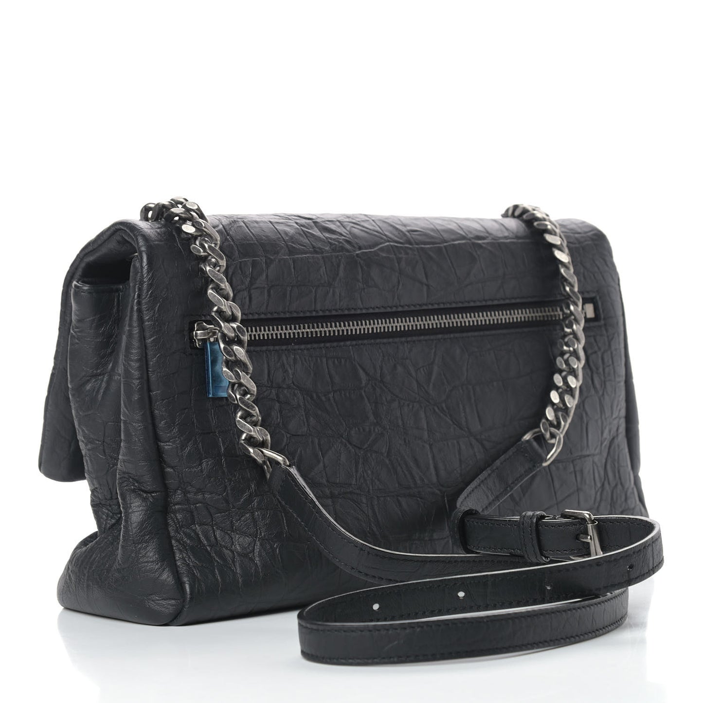Calfskin Crocodile Embossed Medium West Hollywood Monogram Fold-Over Black