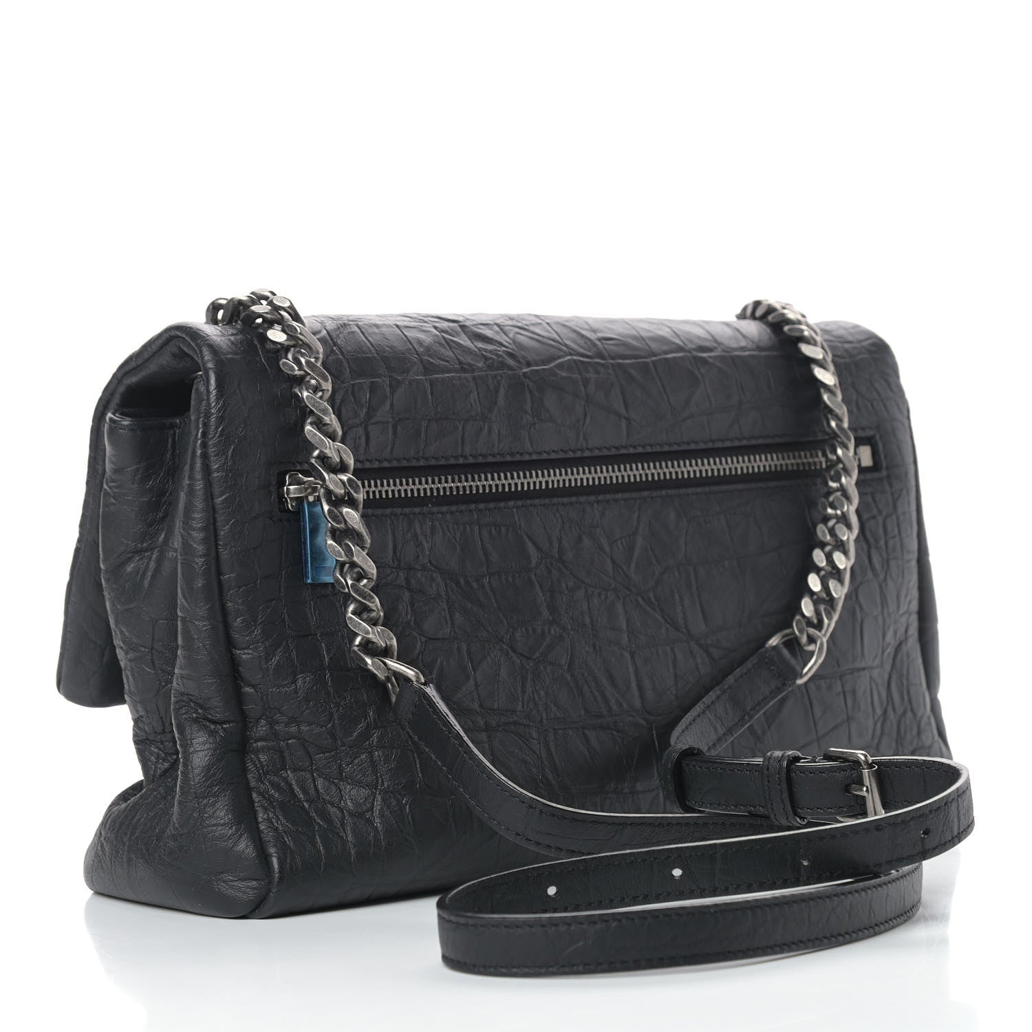 Saint Laurent Calfskin Crocodile Embossed Medium West Hollywood Monogram Fold-Over Black 3 of 11