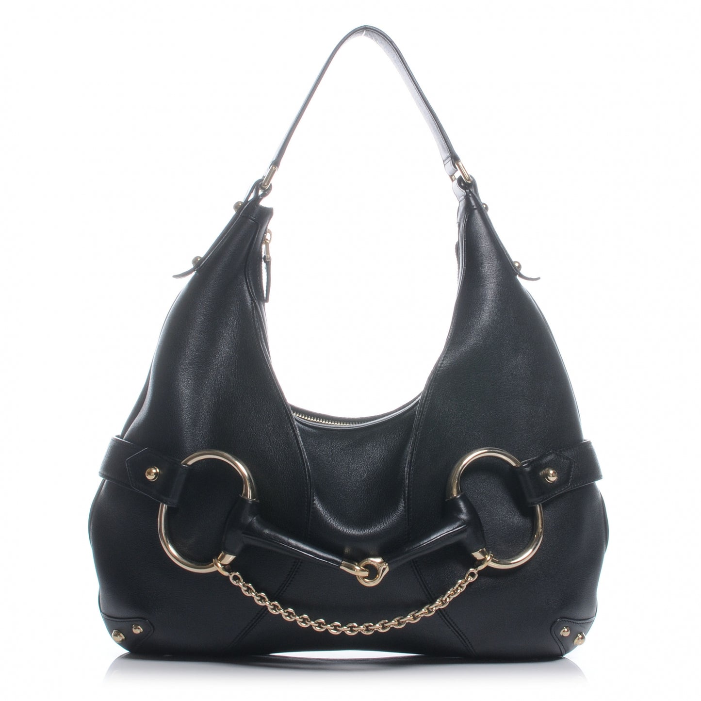 Leather Large Horsebit Chain Hobo Black
