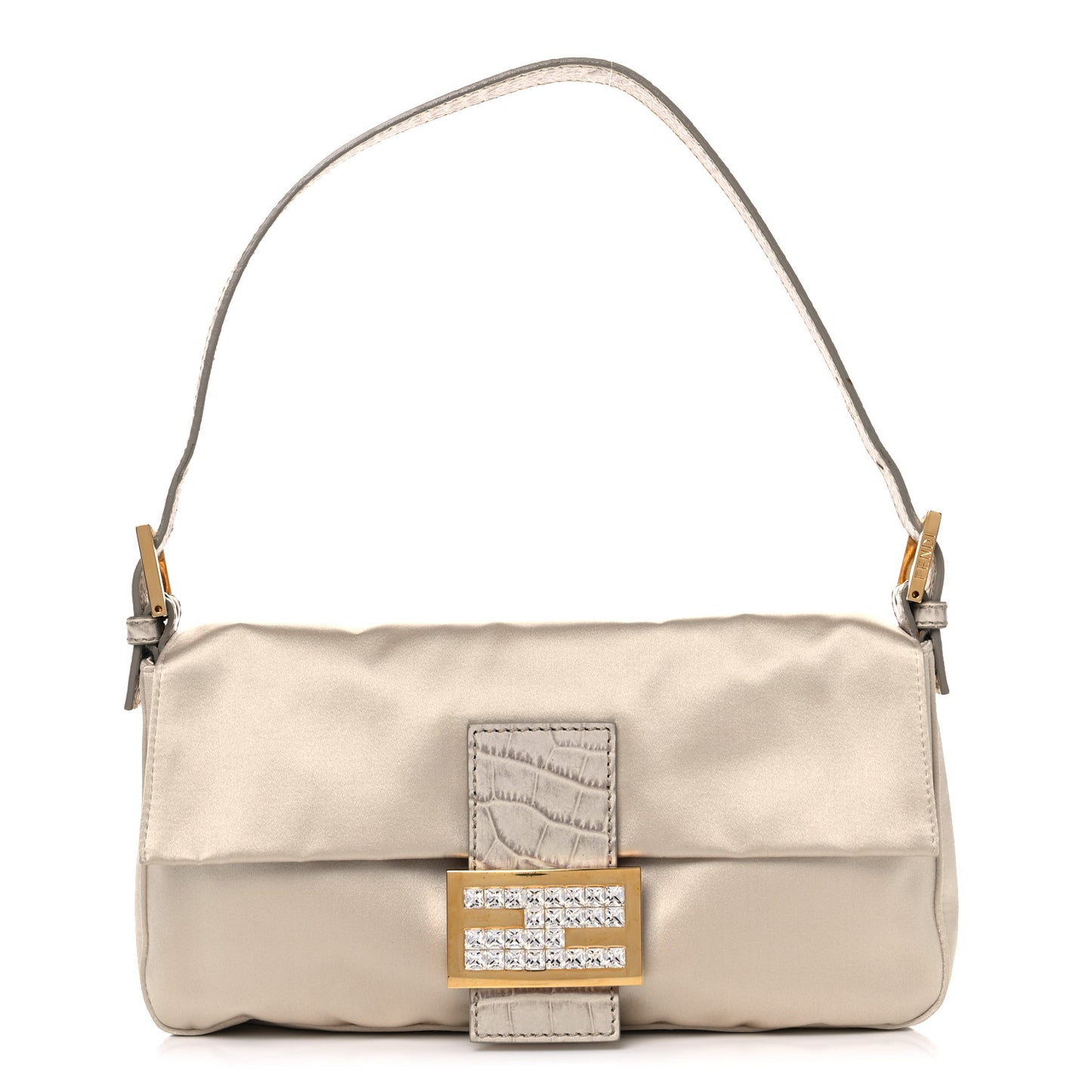 Satin Calfskin Crystal Crocodile Embossed Baguette Beige Pietra