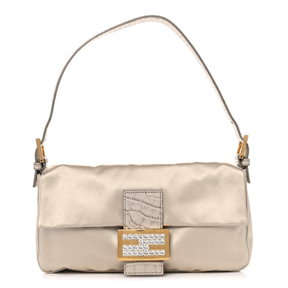 Fendi Satin Calfskin Crystal Crocodile Embossed Baguette Beige Pietra 1 of 15