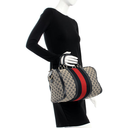 Gucci Monogram Selleria Calfskin Vintage Web Medium Boston Beige Blue 3 of 23