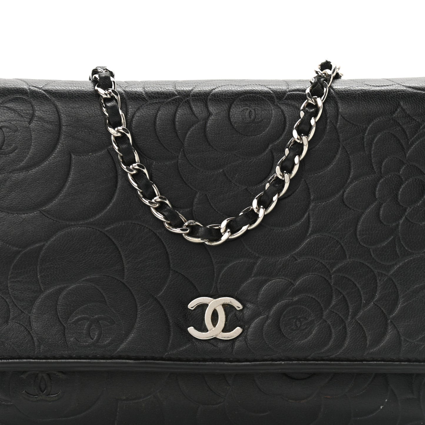 Lambskin Camellia Embossed Wallet on Chain WOC Black