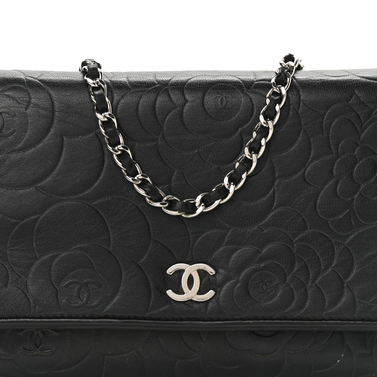 Chanel Lambskin Camellia Embossed Wallet on Chain WOC Black 9 of 17