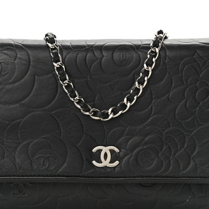 Chanel Lambskin Camellia Embossed Wallet on Chain WOC Black 9 of 17
