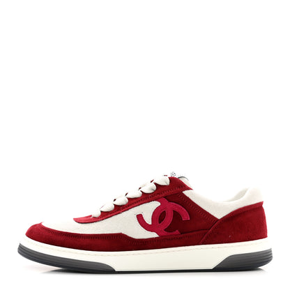 Chanel Suede Kidskin Womens CC Sneakers 38 Burgundy White 1 of 9