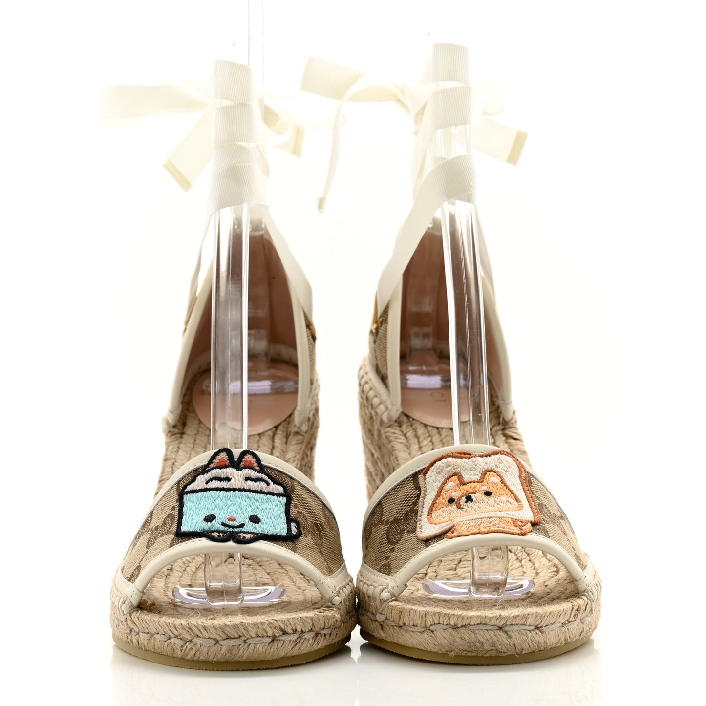 Monogram Patches Ankle Wrap Platform 35/120mm Espadrille Wedges 37 Beige White