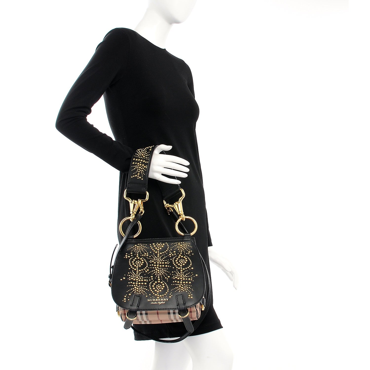 Burberry Calfskin Haymarket Check Studded Large Bridle Saddle Bag Black 3 of 12