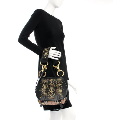 Burberry Calfskin Haymarket Check Studded Large Bridle Saddle Bag Black 3 of 12